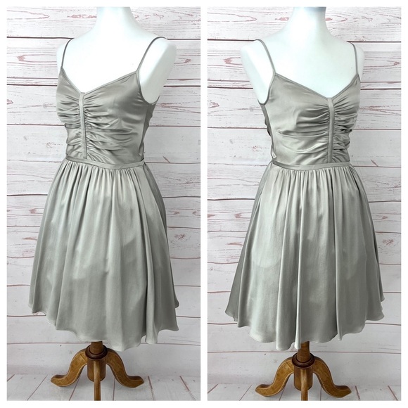 Banana Republic Taupe Brushed Silk Ruched Sleeveless Retro Flare Pocket Dress - Picture 5 of 15